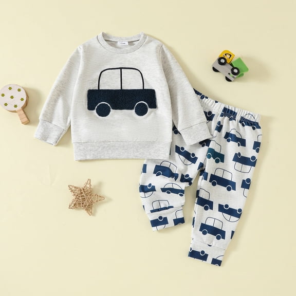 LIJCC Toddler Baby Boy Crewneck Truck Print Farm Sweatshirt Long Sleeve Trucks Shirt and Long Jogger Pants Cute Outfits Fall Winter Clothes
