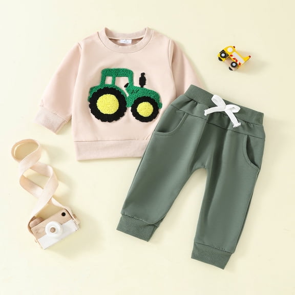 LIJCC Toddler Baby Boy Crewneck Truck Print Farm Sweatshirt Long Sleeve Trucks Shirt and Long Jogger Pants Cute Outfits Fall Winter Clothes