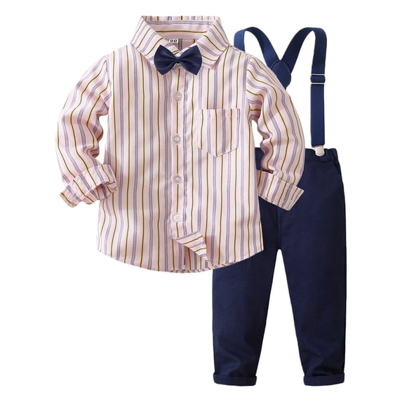 LIJCC Toddler Baby Boy Formal Suit Clothes Gentleman Wedding Dress Outfit Long Sleeve Dress Shirt + Suspender Pants 2 Pcs Set(Pink,6-12 Months)