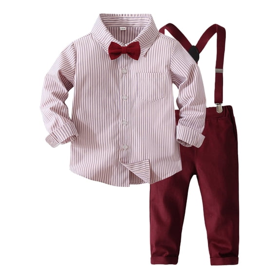 LIJCC Toddler Baby Boy Formal Suit Clothes Gentleman Wedding Dress Outfit Long Sleeve Dress Shirt + Suspender Pants 2 Pcs Set(Red,3-4 Years)