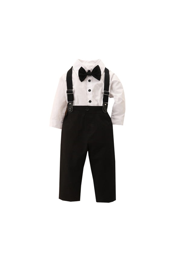 Toddler Baby Boy Suit Clothes Gentleman Wedding Dress Outfit 3 Piece Set Long Sleeve Dress Shirt + Suspender Pants + Bowtie(B,9-12 Months)