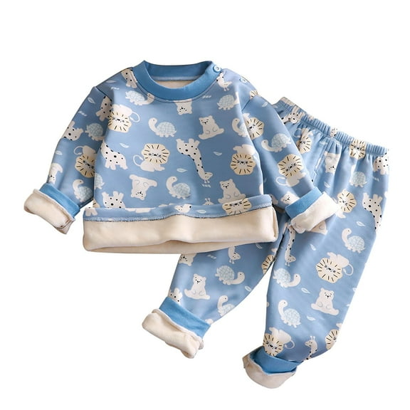 LIJCC Toddler Baby Boy Two Piece Underwear Outfit Cute Print Long Sleeve Fleece Lined Tops Pants Clothes Set Long Sleeve Pullover Fall Winter Clothing Sets