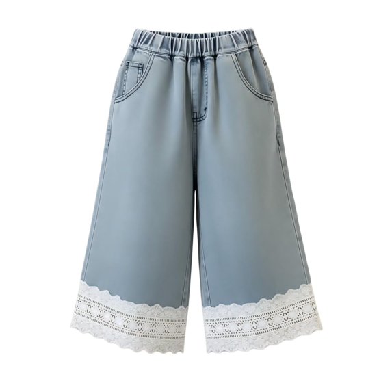 LIJCC Toddler Baby Girls Daily Jeans Straight Wide Leg Lace Denim Pants Elastic High Waist Denim Trousers Fashionable Casual Jeans(Blue,5-6 Years)