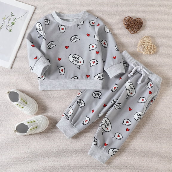 LIJCC Toddler Baby Girls Valentines Day Two-Piece Outfits Crewneck Long Sleeve Letter Love Heart Print Sweatshirt Pullover Tops and Sweatpants Clothes Set