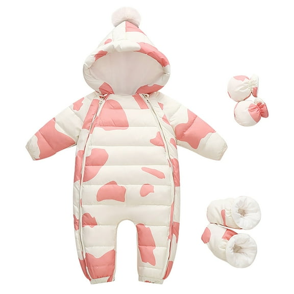 LIJCC Toddler Baby Printed Snowsuit One Piece Ski Suit with Gloves Thick Winter Windproof Warm Jumpsuit Padded Hooded Zipper Winter Puffer Romper Snowsuits
