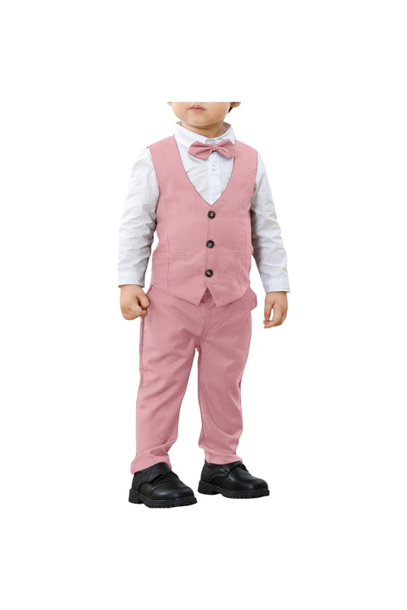 Toddler Boy Formal Suit Clothes Gentleman Wedding Dress Outfit Long Sleeve Dress Shirt Waistcoat Suspender Pants 3 Pcs Set(Pink,18-24 Months)