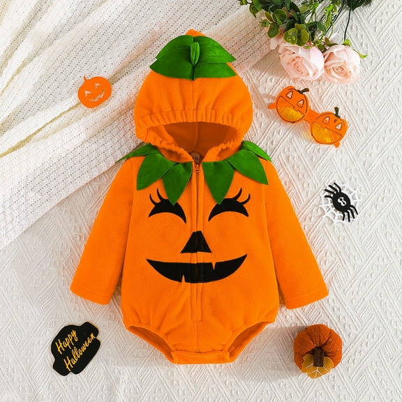 LIJCC Toddler Boy Girl Halloween Zipper Long Sleeve Jumpsuit Outfit Pumpkin Romper Cute Hoodie Sweatshirt Romper Infant Baby Halloween Fall Winter Warm Bodysuit Clothes
