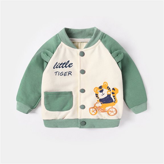 LIJCC Toddler Boys & Girls Button-Front Baseball Jacket - Adorable Animal Graphic Design, Contrast-Sleeve Style, Functional Pocket, Soft Fabric with Ribbed Trim for Daily Wear & Play