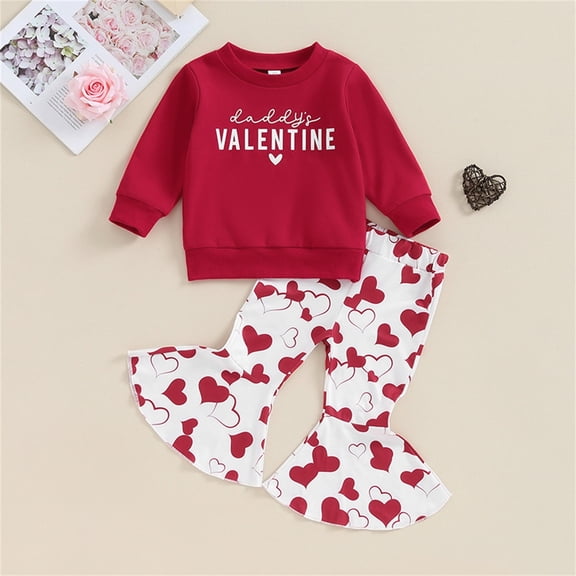 LIJCC Toddler Girl Valentine's 2-Piece Set - Burgundy Long-Sleeve Sweatshirt with "daddy's VALENTINE" Graphic   White Heart-Print Flared Pants (Festive & Cute)