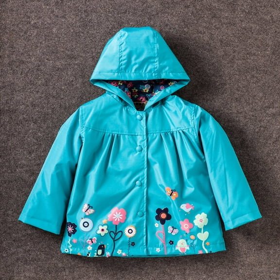 LIJCC Toddler Girls Boys Waterproof Jacket Rain Coats Floral Printed Hooded Raincoat Windproof Warm Outwear Button Hoodies Baby Windbreaker Outwear