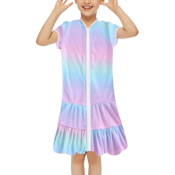 LIJCC Toddler Girls Gradient Color Swimsuit Beach Dress Cute Cover Up One Piece Bathing Suit Tie Dye Zip Short Sleeve Ruffle Hooded Terry Coverup Swimwear