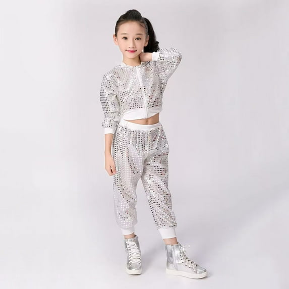 LIJCC Toddler Girls' Performance Costume Sequin Hip Hop Jazz Street Dance Outfits Long Sleeve Suits Breathable Pullover and Pants Set Sports Tracksuit Fall Sets