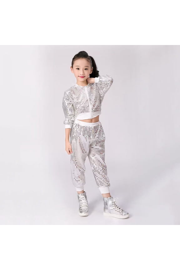 Toddler Girls' Performance Costume Sequin Hip Hop Jazz Street Dance Outfits Long Sleeve Suits Breathable Pullover and Pants Set Sports Tracksuit Fall Sets