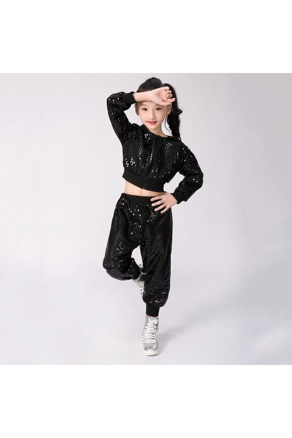 Toddler Girls' Performance Costume Sequin Hip Hop Jazz Street Dance Outfits Long Sleeve Suits Breathable Pullover and Pants Set Sports Tracksuit Fall Sets