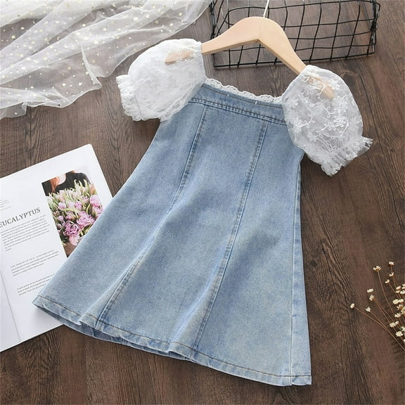 LIJCC Toddler Girls Square Neck Lace Short Puff Sleeve Lace Mesh Dress Kids Girl Denim Dresses Sundress Princess Summer Button Front A Line Casual Jean Dresses
