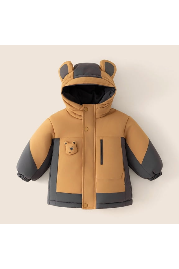 Toddler Kids Bear Ear Hooded Puffer Jackets Color Block Coat With Hood Fleece Warm Clothes Down Padded Bubble Jacket Winter Snow Outerwear