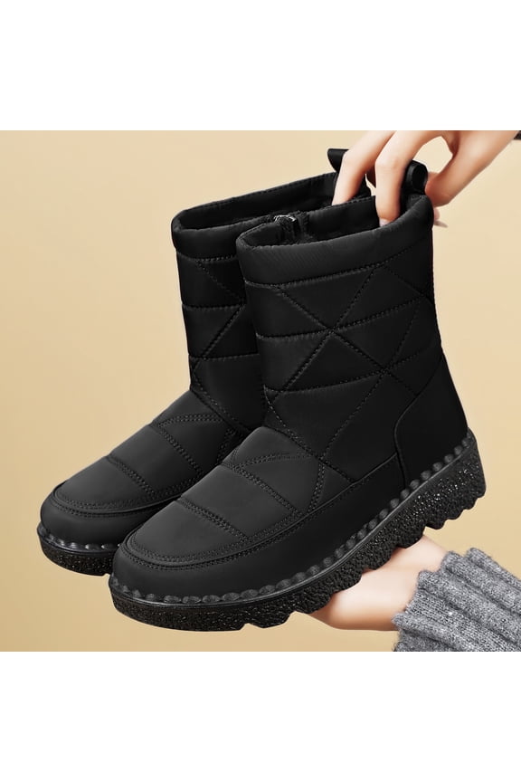 Waterproof Cloth Warm Snow Boots Fleece Lined Walking Booties Hook and Loop Comfortable Round Toe Plush Lining Slip-On Outdoor Waterproof Winter Boots