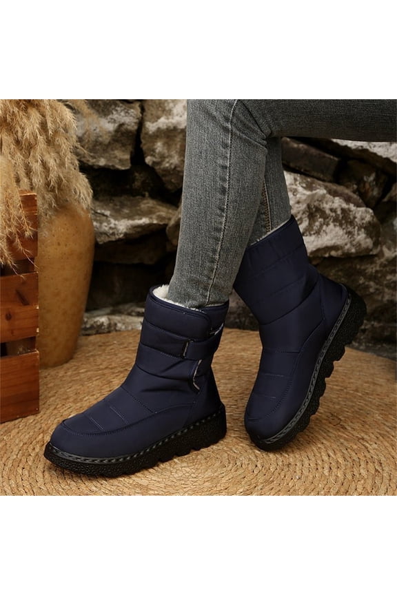 Waterproof Cloth Winter Warm Snow Boots Solid Color Chunky Anti-slip Shoe Hook And Loop Comfortable Round Toe Thickened Plush Lining Slip-On Waterproof Boots