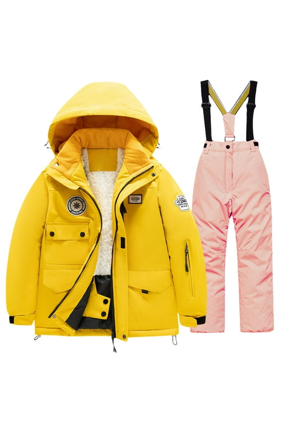 Winter Boys and Girls 2 Piece Ski Suit Kids Warm Thicken Waterproof Windproof Hooded Jacket and Ski Pants Snowsuit(Pink,5-6 Years)
