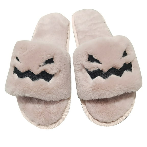 LIJCC Women Men Spooky Slides Halloween Spooky Slippers Jack O Lantern Pumpkin Soft Plush Cozy Open Toe Slippers Fuzzy Plush Winter Indoor Outdoor