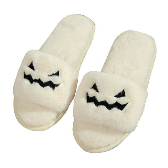 LIJCC Women Men Spooky Slides Halloween Spooky Slippers Jack O Lantern Pumpkin Soft Plush Cozy Open Toe Slippers Fuzzy Plush Winter Indoor Outdoor