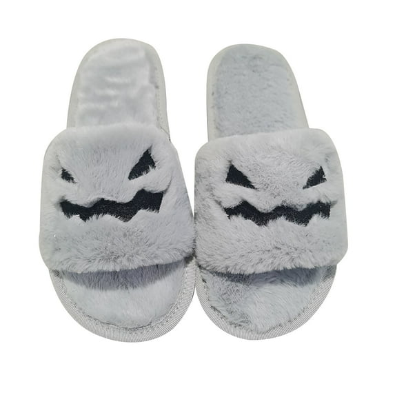 LIJCC Women Men Spooky Slides Halloween Spooky Slippers Jack O Lantern Pumpkin Soft Plush Cozy Open Toe Slippers Fuzzy Plush Winter Indoor Outdoor