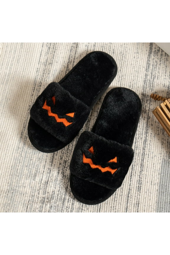 Women Men Spooky Slides Halloween Spooky Slippers Jack O Lantern Pumpkin Soft Plush Cozy Open Toe Slippers Fuzzy Plush Winter Indoor Outdoor