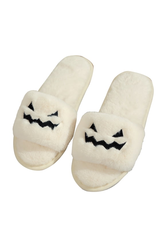 Women Men Spooky Slides Halloween Spooky Slippers Jack O Lantern Pumpkin Soft Plush Cozy Open Toe Slippers Fuzzy Plush Winter Indoor Outdoor