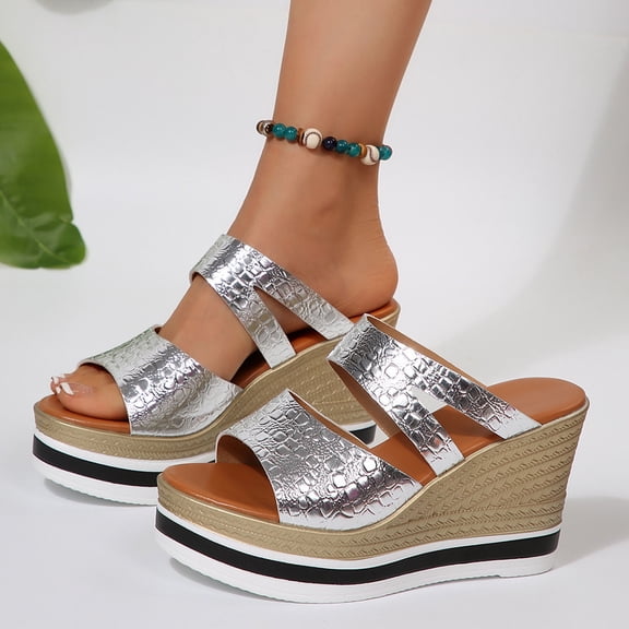 LIJCC Women Middle Heels Slippers Fashion Summer Sandals Platform Casual Roman Shoes Round Head Open Toe Wedge Heel Heightening Comfort Slipper Shoes