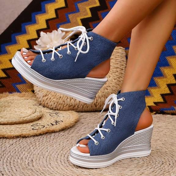 LIJCC Women Platform Leather Hollow Out Heels Sandals Dressy Open Toe Front Lace Up Ankle Wrapped Wedge Sandals Summer Beach Fashion Slingback Womens Wedges