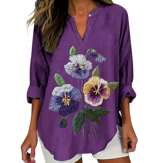 LIJCC Women'S Alzheimer Fashion V Neck Long Sleeve Women'S Fashion V Neck Long Sleeved Purple Floral Printed Top Ladies Tops