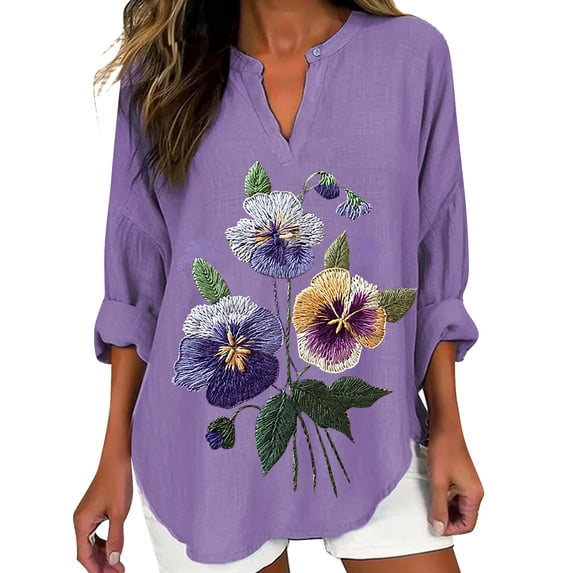 LIJCC Women'S Alzheimer Fashion V Neck Long Sleeve Women'S Fashion V Neck Long Sleeved Purple Floral Printed Top Ladies Tops