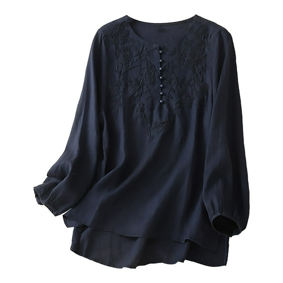 LIJCC Women'S Artistic Retro Embroidered Cotton and Linen Long-Sleeved Shirt Women'S Literary Embroidery Solid Color Cotton Linen Long Sleeve Shirt