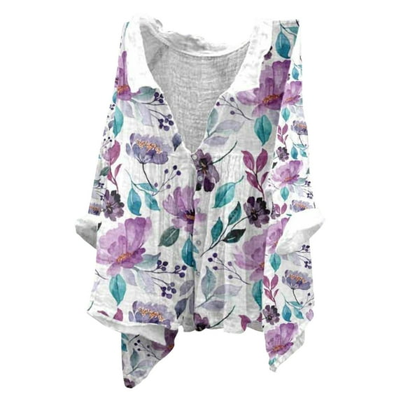 LIJCC Women'S Button Lapel Vintage Art Floral Print Linen Shirt Women'S Button Lapel Art Floral Print Autumn Scented Linen Shirt