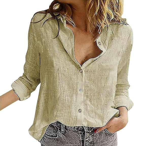 LIJCC Women'S Casual Buttoned Loose Long Sleeve Linen Shirt Top Fashion Women'S Loose Button Solid Lapel Long Sleeves T Shirt Blouse Tops
