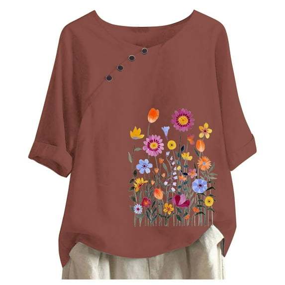 LIJCC Women'S Casual Half-Sleeved Round Neck Loose Cotton and Linen Top Ladies V Neck Short Sleeve Printed Loose Casual Fashion Top