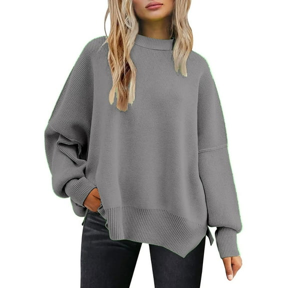 LIJCC Women'S Crew Neck Pullover Sweater Women'S Solid Color Fashion Casual Loose Knitted Split Round Neck Pullover Sweater