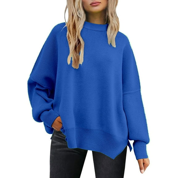 LIJCC Women'S Crew Neck Pullover Sweater Women'S Solid Color Fashion Casual Loose Knitted Split Round Neck Pullover Sweater