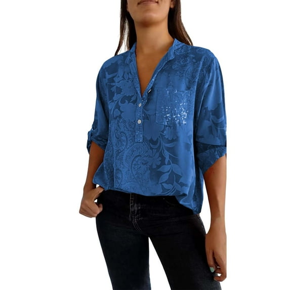 LIJCC Women'S Elegant Floral Print Shirt Women'S Casual V Neck Collared Button Up Blouse Top Print Summer Shirt Ladies Tops