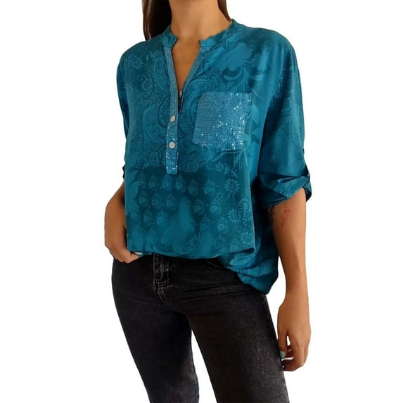 LIJCC Women'S Elegant Floral Print Shirt Women'S Casual V Neck Collared Button Up Blouse Top Print Summer Shirt Ladies Tops