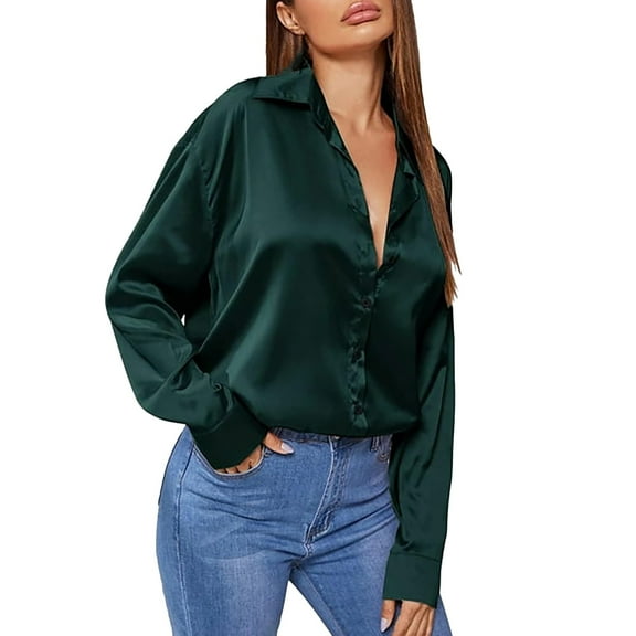 LIJCC Women'S Fashionable Satin Commuter V-Neck Long Sleeve Shirt Women'S Fashion Satin Solid Colour V Neck Long Sleeve Shirt