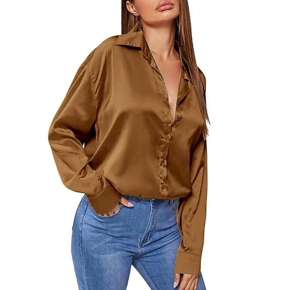 LIJCC Women'S Fashionable Satin Commuter V-Neck Long Sleeve Shirt Women'S Fashion Satin Solid Colour V Neck Long Sleeve Shirt