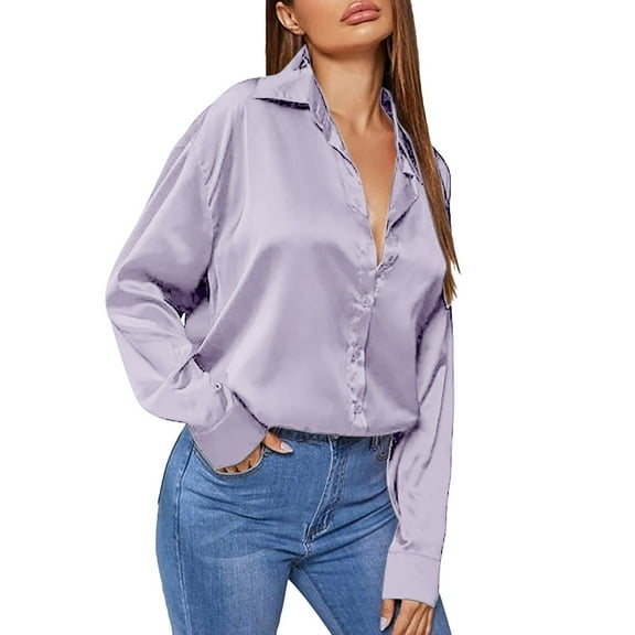 LIJCC Women'S Fashionable Satin Commuter V-Neck Long Sleeve Shirt Women'S Fashion Satin Solid Colour V Neck Long Sleeve Shirt