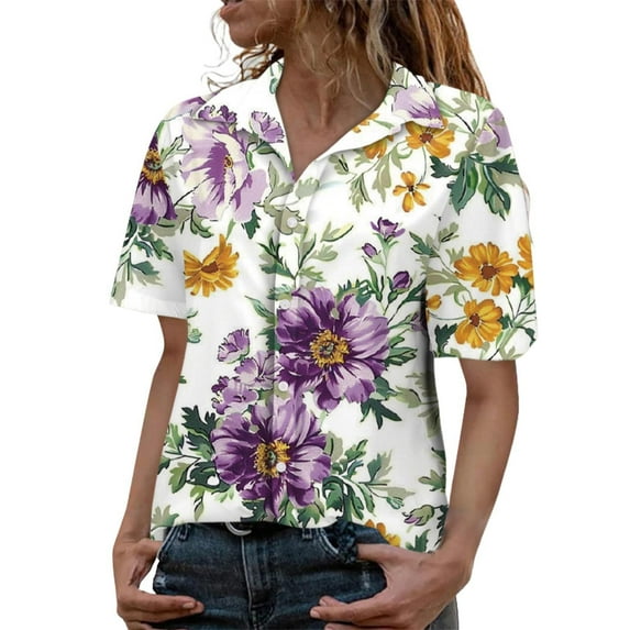 LIJCC Women'S Floral Coconut Leaf Print Shirt Women Ha Waiian Short Sleeve Casual T Shirt Tops Ladies Button Blouse Tee Ladies Tops