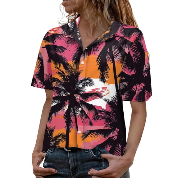 LIJCC Women'S Floral Coconut Leaf Print Shirt Women Ha Waiian Short Sleeve Casual T Shirt Tops Ladies Button Blouse Tee Ladies Tops