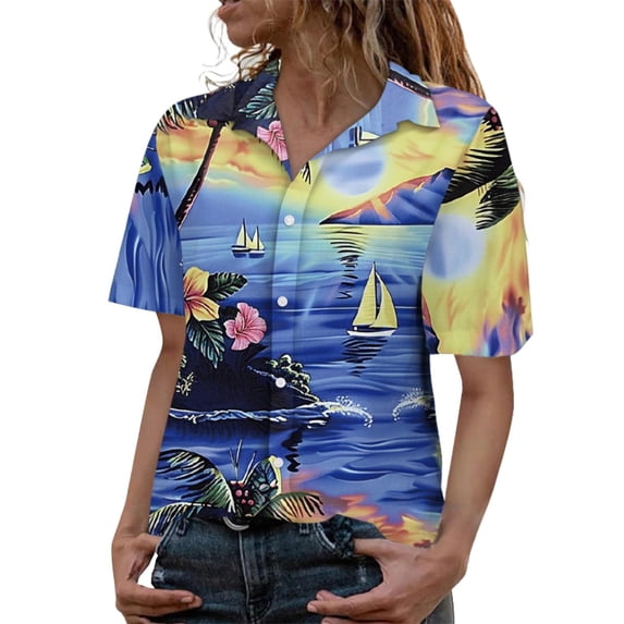 LIJCC Women'S Floral Coconut Leaf Print Shirt Women Ha Waiian Short Sleeve Casual T Shirt Tops Ladies Button Blouse Tee Ladies Tops