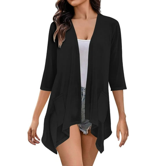 LIJCC Women'S Lightweight Cardigan 3/4 Sleeve Cardigan Lightweight Cardigans for Women 3/4 Sleeves Front Cardigan Boho Draped Ruffles Plus Size Knit Soft Cardigan