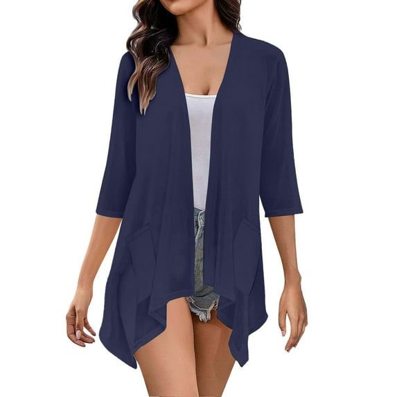 LIJCC Women'S Lightweight Cardigan 3/4 Sleeve Cardigan Lightweight Cardigans for Women 3/4 Sleeves Front Cardigan Boho Draped Ruffles Plus Size Knit Soft Cardigan