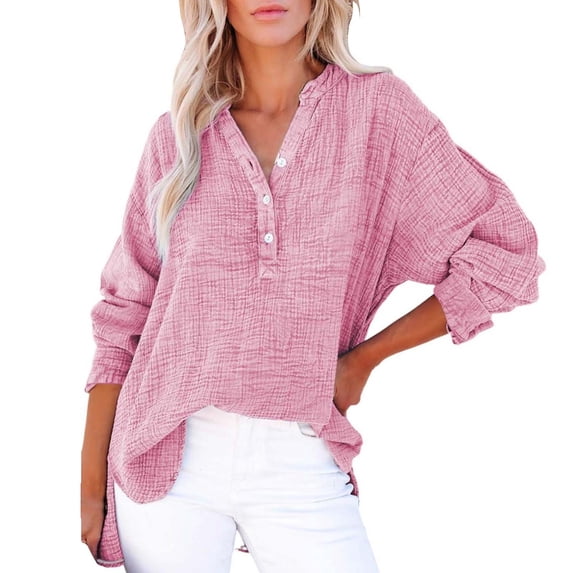 LIJCC Women'S Loose Pullover Fall Long Sleeve Pleated Button Long Sleeve Top for Women Womens Casual Button V Neck Long Sleeve Shirts Oversized Solid Blouses Tops