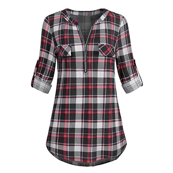 LIJCC Women'S Plaid Print Shirt Tops Sleeve Plaid V-Neck Casual Zipped Rolled Tops Shirt Printed Blouse Womens Tunic Women'S Blouse